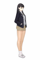 Rule 34 | 1girl, absurdres, black eyes, black hair, black jacket, blazer, bobobong, breast press, breasts, brown necktie, brown skirt, closed mouth, collared shirt, commentary, cross-laced footwear, full body, grey vest, hands in pockets, highres, jacket, light smile, long hair, looking at viewer, miniskirt, necktie, open clothes, open jacket, original, pantyhose, plaid, plaid skirt, school uniform, shirt, shoes, simple background, skirt, small breasts, smile, sneakers, socks, solo, standing, straight hair, striped necktie, striped neckwear, symmetrical docking, thighs, vest, white background, white footwear, white shirt, white socks, wing collar