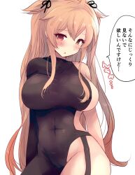 1girl asymmetrical_clothes blush bodysuit breasts brown_eyes hair_between_eyes hair_flaps hair_ornament hair_ribbon hairclip heterochromia highres hirune_(konekonelkk) kantai_collection large_breasts long_hair looking_at_viewer murasame_(kancolle) murasame_kai_ni_(kancolle) partial_bodysuit red_eyes ribbon solo speech_bubble translation_request two_side_up