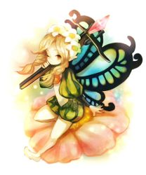 Rule 34 | 1girl, bow (weapon), butterfly wings, crossbow, fairy, flower, insect wings, mercedes (odin sphere), odin sphere, puff and slash sleeves, puffy sleeves, shorts, solo, sui (petit comet), weapon, white footwear, wings