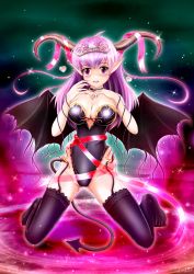 Rule 34 | 1girl, bare arms, bare shoulders, bat wings, blush, breasts, choker, cleavage, crown, demon girl, demon horns, demon tail, demon wings, female focus, fingernails, full body, gem, groin, hair between eyes, heart, horns, kneeling, large breasts, long hair, looking at viewer, magic circle, navel, open mouth, original, poeyon, pointy ears, princess, purple eyes, purple hair, ribbon, sharp nails, skin tight, sky, smile, solo, sparkle, spread legs, star (sky), starry sky, string bra, tail, thighhighs, wide hips, wings