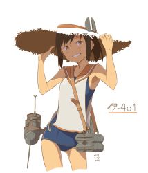 Rule 34 | 10s, 1girl, blouse, brown hair, character name, cowboy shot, dated, hat, i-401 (kancolle), kantai collection, kawashina (momen silicon), one-piece swimsuit, personification, ponytail, school swimsuit, shirt, simple background, sleeveless, sleeveless shirt, smile, solo, standing, sun hat, swimsuit, swimsuit under clothes, white background, white hat, white shirt