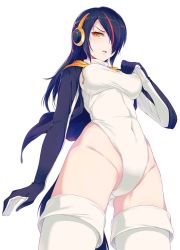 Rule 34 | 10s, 1girl, 40hara, black hair, breasts, covered navel, cowboy shot, crotch, d:, d:&lt;, emperor penguin (kemono friends), from below, gesugao, gluteal fold, hair over one eye, hand on own chest, headphones, heattech leotard, highleg, highleg leotard, hood, hooded jacket, jacket, kemono friends, leotard, long hair, medium breasts, multicolored hair, open mouth, orange eyes, simple background, solo, streaked hair, thighhighs, turtleneck, v-shaped eyebrows, white background, white thighhighs