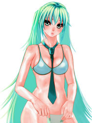 Rule 34 | 1girl, aqua eyes, aqua hair, bad id, bad pixiv id, between breasts, bottomless, bra, breasts, covering privates, covering crotch, female focus, hatsune miku, highres, lingerie, long hair, necktie, nyantiu, solo, twintails, underwear, very long hair, vocaloid, white background