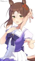 Rule 34 | 1girl, :d, animal ears, black bow, blush, bow, breasts, brown hair, commentary request, dated, fine motion (umamusume), hair between eyes, hair bun, hand grab, highres, hirota fruit, horse ears, horse girl, horse tail, long hair, looking at viewer, medium breasts, multicolored hair, open mouth, out of frame, pleated skirt, puffy short sleeves, puffy sleeves, purple shirt, shirt, short sleeves, sidelocks, simple background, single hair bun, skirt, smile, solo focus, tail, twitter username, two-tone hair, umamusume, white background, white hair, white skirt, yellow eyes