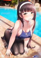Rule 34 | bare shoulders, black pantyhose, blue one-piece swimsuit, blunt bangs, blush, breasts, brown eyes, brown hair, cleavage, collarbone, competition swimsuit, girls&#039; frontline, hairband, highres, long hair, looking at viewer, medium breasts, one-piece swimsuit, pantyhose, pantyhose under swimsuit, shirosaba, solo, swimsuit, type 95 (girls&#039; frontline), white hairband