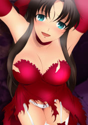 Rule 34 | 1girl, absurdres, armpits, arms up, bare shoulders, blush, breasts, brown hair, choker, cleavage, dress, elbow gloves, fate/stay night, fate (series), garter straps, gloves, green eyes, hair ribbon, highres, large breasts, legs, long hair, looking at viewer, open mouth, panties, red dress, ribbon, smile, solo, thighhighs, thighs, tohsaka rin, torn clothes, underwear, white panties, yadokari genpachirou