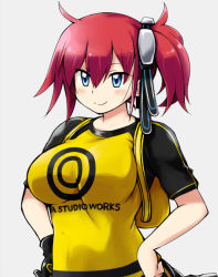 Rule 34 | 1girl, aiba ami, blue eyes, breasts, digimon, digimon story: cyber sleuth, gloves, hand on own hip, hands on own hips, large breasts, n36hoko, red hair, side ponytail, smile