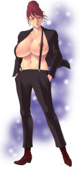 Rule 34 | 1girl, areola slip, bad id, bad pixiv id, breasts, earrings, hands in pockets, highres, huge breasts, jewelry, long image, mature female, navel, open clothes, open shirt, original, red hair, shirt, short hair, solo, suspenders, takasugi kou, tall image