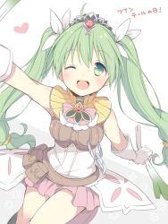 Rule 34 | 1girl, ;d, arm up, belt pouch, blush, breasts, commentary request, food, frey (rune factory), gloves, green eyes, green hair, hair ribbon, heart, holding, holding food, holding spring onion, holding vegetable, long hair, looking at viewer, medium breasts, mini mamu, one eye closed, open mouth, pink skirt, pleated skirt, pouch, ribbon, rune factory, rune factory 4, shirt, simple background, sitting, skirt, sleeveless, smile, solo, spring onion, tiara, translation request, twintails, twintails day, vegetable, very long hair, white background, white gloves, white ribbon, white shirt