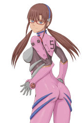 Rule 34 | 1girl, ass, bad id, bad pixiv id, blue eyes, bodysuit, breasts, brown hair, closed mouth, evangelion: 2.0 you can (not) advance, glasses, highres, long hair, looking at viewer, makinami mari illustrious, medium breasts, neon genesis evangelion, pink bodysuit, plugsuit, popo agaga, rebuild of evangelion, simple background, smile, solo, standing, white background