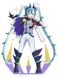 Rule 34 | 1girl, :d, belt, belt buckle, black footwear, black gloves, boots, buckle, capelet, collared shirt, commentary request, creatures (company), dragon miku (project voltage), full body, game freak, gloves, green eyes, green hair, grey shirt, hair between eyes, hatsune miku, holding, long hair, looking at viewer, mocacoffee 1001, nintendo, open mouth, pants, pokemon, project voltage, purple capelet, shirt, sleeveless, sleeveless shirt, smile, solo, sparkle, standing, twintails, vocaloid, white background, white pants