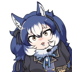 Rule 34 | 1girl, animal ears, blue hair, bow, bowtie, dire wolf (kemono friends), extra ears, grey eyes, jacket, kemono friends, kemono friends v project, lipstick, long hair, looking at viewer, makeup, mcgunngu, microphone, parted lips, ribbon, scarf, solo, transparent background, twintails, upper body, virtual youtuber, wolf ears, wolf girl
