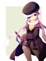 Rule 34 | 1girl, bad id, bad pixiv id, belt, blush, breasts, cabbie hat, cleavage, eyepatch, female focus, fighting stance, frown, glasses, hat, hat over one eye, jacket, koflif, long coat, long hair, one eye covered, original, pantyhose, purple eyes, purple hair, ready to draw, scarf, short shorts, shorts, solo, sword, turtleneck, twintails, weapon
