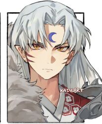 Rule 34 | 1boy, artist name, black border, border, closed mouth, commentary, crescent, crescent facial mark, curtained hair, facial mark, forehead mark, fur shawl, grey hair, hair intakes, inuyasha, kadeart, long hair, looking at viewer, male focus, outside border, pointy ears, portrait, sesshoumaru, shawl, slit pupils, solo, twitter username, white background, yellow eyes