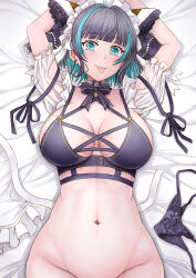 Rule 34 | 1girl, animal ears, aqua eyes, arms up, azur lane, blue hair, bra, breasts, cat ears, cheshire (azur lane), fake animal ears, highres, lace, lace panties, large breasts, looking at viewer, lying, multicolored hair, navel, on back, on bed, panties, unworn panties, purple bra, purple hair, purple panties, sai-go, see-through, see-through sleeves, solo, streaked hair, tongue, tongue out, two-tone hair, underwear