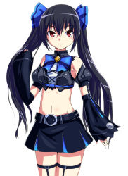 Rule 34 | 10s, 1girl, akino komichi, bad id, bad pixiv id, black hair, blush, breasts, hair flip, hair ornament, long hair, looking at viewer, navel, neptune (series), noire (neptunia), red eyes, ribbon, small breasts, solo, thighhighs, twintails, very long hair