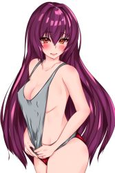 Rule 34 | 1girl, artist request, bad id, bad pixiv id, bare shoulders, blush, breasts, cleavage, clothes pull, collarbone, fate/grand order, fate (series), grey tank top, hair between eyes, hair intakes, hip focus, large breasts, long hair, looking at viewer, open mouth, panties, purple hair, red eyes, red panties, scathach (fate), shirt pull, sideboob, simple background, smile, solo, tank top, underwear, white background