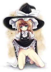 Rule 34 | 1girl, blonde hair, blue eyes, bottomless, braid, cleft of venus, clothes lift, dress, dress lift, female focus, hat, kirisame marisa, kurona, long hair, pussy, ribbon, side braid, solo, tears, touhou, uncensored, witch hat