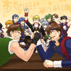 Rule 34 | &gt;:d, 10s, 2015, 4girls, 6+boys, :d, anger vein, angry, arm up, arm wrestling, arthur (fire emblem: genealogy of the holy war), black gloves, black hair, blonde hair, blue eyes, blue hair, brothers, brown eyes, brown hair, clenched teeth, closed eyes, diarmuid (fire emblem), fee (fire emblem), fingerless gloves, fire emblem, fire emblem: genealogy of the holy war, futatsuki (perfect lovers), gloves, green eyes, headband, hisato, iuchar (fire emblem), iucharba (fire emblem), julia (fire emblem), lana (fire emblem), larcei (fire emblem), lester (fire emblem), lewyn (fire emblem), multiple boys, multiple girls, nintendo, oifey (fire emblem), open mouth, rivalry, scathach (fire emblem), seliph (fire emblem), siblings, silver hair, smile, teeth, v-shaped eyebrows
