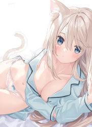 Rule 34 | 1girl, absurdres, animal ear fluff, animal ears, blue eyes, blue shirt, breasts, brown hair, cat ears, cat girl, cat tail, cleavage, collarbone, collared shirt, highres, jimmy madomagi, large breasts, lingerie, long hair, long sleeves, looking at viewer, lying, mole, mole under eye, navel, no bra, no pants, on side, original, panties, shirt, side-tie panties, solo, stomach, tail, underwear, white panties