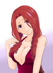 Rule 34 | 1girl, absurdres, bare shoulders, braid, breast tattoo, breasts, cleavage, fairy tail, female focus, flare corona, gradient background, highres, large breasts, long hair, md5 mismatch, pao mian+dan, red eyes, red hair, scar, solo, tattoo