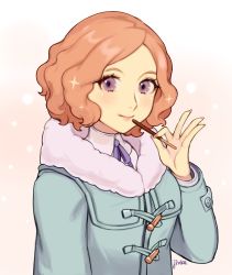 Rule 34 | 1girl, alternate costume, brown eyes, brown hair, food, fur collar, highres, holding, jivke, looking at viewer, okumura haru, persona, persona 5, pocky, pocky day, short hair, simple background, smile, sparkle, winter clothes