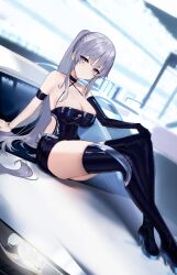 Rule 34 | 1girl, absurdres, azur lane, bare shoulders, boots, breasts, cleavage, closed mouth, collarbone, commentary request, dress, elbow gloves, enterprise (azur lane), enterprise (wind catcher) (azur lane), gloves, grey hair, high heel boots, high heels, highres, large breasts, latex, latex boots, latex dress, latex gloves, latex legwear, latex thighhighs, long hair, looking at viewer, maanu, official alternate costume, ponytail, purple eyes, race queen, shiny clothes, short dress, single glove, sitting, sitting on car, skirt, solo, thigh boots, thighhighs, thighs, very long hair