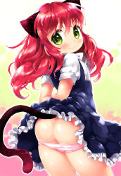 Rule 34 | 1girl, animal ears, arms behind back, ass, bad id, bad pixiv id, blush, cat ears, cat tail, clothes lift, dress, dress lift, from behind, green eyes, long hair, looking at viewer, looking back, mutou mato, original, panties, panty pull, red hair, solo, tail, underwear