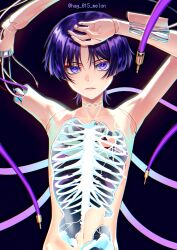 Rule 34 | 1boy, absurdres, artist name, closed mouth, commentary request, genshin impact, hag (hag 015), heart, highres, looking at viewer, male focus, mechanization, purple eyes, purple hair, scaramouche (genshin impact), see-through, short hair, simple background, skeleton, topless male, upper body, veins, x-ray