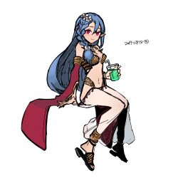 Rule 34 | 1girl, bikini, black footwear, blue hair, braid, breasts, closed mouth, commentary request, cup, detached sleeves, drinking straw, flower, full body, gypsy (ragnarok online), hair between eyes, hair flower, hair ornament, hair over shoulder, holding, holding cup, invisible chair, jewelry, juice, kusabi (aighe), long bangs, long hair, looking at viewer, lowres, medium breasts, navel, necklace, pants, pointy ears, ragnarok online, red eyes, red sleeves, sandals, see-through, side braid, simple background, single braid, sitting, smile, solo, strapless, strapless bikini, swimsuit, transparent background, white flower, white pants, yellow bikini
