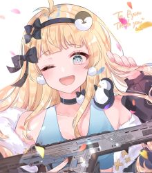 Rule 34 | apex legends, assault rifle, black bow, black hairband, blonde hair, blue eyes, blue sports bra, blush, bow, breasts, cleavage, commentary, commission, english commentary, gun, hair bow, hairband, highres, holding, holding gun, holding own hair, holding weapon, indie virtual youtuber, long hair, mimishima pyon, one eye closed, penguin hair ornament, r-301 carbine, rifle, second-party source, shain, skeb commission, smile, sports bra, virtual youtuber, weapon, white background