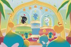 Rule 34 | chao (sonic), commentary, confetti, dark chao, english commentary, flag, halo, heart, hero chao, highres, holding, holding flag, no humans, omochao, smile, sonic (series), stripedpants, wings