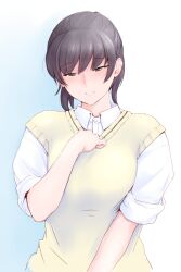 Rule 34 | 1girl, amagami, black hair, blush, breasts, commentary request, highres, kibito high school uniform, long bangs, long hair, looking at viewer, medium breasts, open mouth, parted lips, ponytail, sasaki akira (ugc), school uniform, shirt, simple background, solo, sweater vest, tsukahara hibiki
