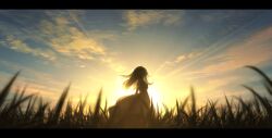Rule 34 | 1girl, absurdres, backlighting, bare shoulders, closed eyes, dress, grass, highres, long hair, meadow, nengoro, original, parted lips, scenery, sunlight, sunset, wind
