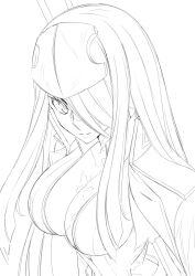 Rule 34 | 1girl, black bodysuit, black hair, blue eyes, bodysuit, breasts, cleavage, cleavage cutout, clothing cutout, collared jacket, hair over one eye, headgear, hervi 1, highres, jacket, large breasts, long hair, looking at viewer, making-of, monochrome, nekoyanagi pawoo, rust, sabikui bisco, sidelocks, simple background, solo, sword, upper body, weapon, weapon on back, white background