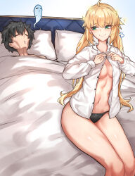 1boy 1girl absurdres ahoge artoria_caster_(fate) artoria_pendragon_(fate) bed black_hair blonde_hair blush breasts fate/grand_order fate_(series) fujimaru_ritsuka_(male) green_eyes highres long_hair long_sleeves panties radishkek shirt short_hair small_breasts smile thighs twintails underwear