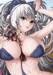 Rule 34 | 1girl, :p, arm up, azur lane, bare shoulders, between breasts, bikini, blue bow, blurry, bottle, bow, breasts, character request, closed mouth, commentary request, depth of field, eruption, flower, flower request, green eyes, hair bow, hair flower, hair ornament, large breasts, light blush, long hair, looking at viewer, official alternate costume, ootani nonno, simple background, solo, spilling, swimsuit, tongue, tongue out, upper body, very long hair, vittorio veneto (azur lane), vittorio veneto (the flower of la spezia) (azur lane), wet