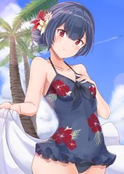 Rule 34 | 1girl, artist request, bare arms, bare shoulders, black hair, black one-piece swimsuit, blue sky, blush, breasts, casual one-piece swimsuit, closed mouth, cloud, commentary, covered navel, day, fingernails, floral print, flower, hair flower, hair ornament, hand on own chest, hand up, head tilt, holding, idolmaster, idolmaster shiny colors, morino rinze, one-piece swimsuit, outdoors, palm tree, pink flower, print swimsuit, red eyes, red flower, sky, small breasts, smile, solo, sumice, swimsuit, tree, white flower