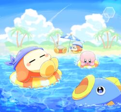 Rule 34 | :d, bandana, bandana waddle dee, beach, beach umbrella, blue bandana, blue eyes, blue sky, blurry, blurry background, blush, blush stickers, closed eyes, cloud, commentary request, contrail, day, fish, flying sweatdrops, hat, highres, hill, innertube, kine (kirby), kirby, kirby (series), lens flare, looking at another, lying, nasubino (ramowarabi), nintendo, no humans, on back, open mouth, outdoors, palm tree, sailor hat, sailor waddle dee, signature, sky, smile, splashing, squiggle, star (symbol), swim ring, tree, umbrella, v-shaped eyebrows, waddle dee, water, white headwear