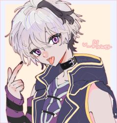 Rule 34 | 1girl, androgynous, arm warmers, belt collar, black collar, black hair, black jacket, black nails, border, character name, collar, collarbone, commentary request, finger gun, finger gun to head, flower (vocaloid), flower (vocaloid4), gold trim, grey border, grey hair, head tilt, hood, hood down, hooded jacket, jacket, looking at viewer, multicolored hair, nakajii yoshi, open clothes, open jacket, open mouth, outline, outside border, pink outline, purple eyes, purple vest, short hair, simple background, single arm warmer, sleeveless, sleeveless jacket, solo, streaked hair, striped arm warmers, tongue, tongue out, twitter username, upper body, vest, vocaloid, yellow background