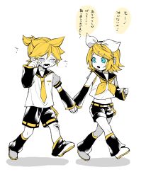 Rule 34 | 1boy, 1girl, aqua eyes, bare shoulders, black leg warmers, black sailor collar, black shorts, black sleeves, blonde hair, bow, brother and sister, colored skin, crying, detached sleeves, hair bow, hair ornament, hairclip, headphones, headset, highres, holding hands, ikarashi (morimorienoki), kagamine len, kagamine rin, leg warmers, looking at another, midriff, navel, neckerchief, necktie, open mouth, sailor collar, shirt, short ponytail, short sleeves, shorts, siblings, sleeveless, sleeveless shirt, translation request, twins, vocaloid, walking, white bow, white shirt, white skin, yellow neckerchief, yellow necktie