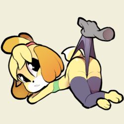 Rule 34 | 1girl, animal crossing, animal ears, animal hands, ass, bare shoulders, barefoot, beige background, black eyes, black panties, black thighhighs, blonde hair, disembodied limb, dog ears, dog girl, dog tail, female focus, flat chest, from behind, full body, furry, furry female, green tube top, hair tie, isabelle (animal crossing), itsunknownanon, looking back, lying, nintendo, on stomach, panties, panty pull, parted lips, short hair, simple background, solo, strapless, tail, teeth, thighhighs, top-down bottom-up, topknot, tube top, underwear, wedgie