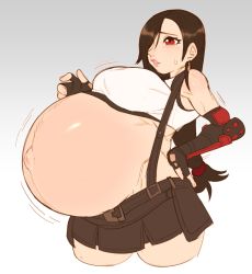 Rule 34 | absurdres, arm guards, big belly, breasts, crop top, elbow pads, final fantasy, final fantasy vii, final fantasy vii remake, fingerless gloves, gloves, hand on own hip, hellbrain, highres, long hair, low-tied long hair, miniskirt, motion lines, navel, parted lips, pregnant, red eyes, shiny skin, shirt, skirt, square enix, stomach, suspender skirt, suspenders, suspenders gap, sweat, sweatdrop, tank top, taut clothes, taut shirt, thighs, tifa lockhart, white tank top