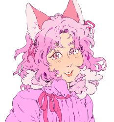 Rule 34 | 1girl, animal ears, bow, bowtie, cat ears, collar, fang, frilled collar, frills, hair bow, high collar, looking at viewer, medium hair, monochrome, original, pink bow, pink eyes, pink hair, pink shirt, pink theme, portrait, rii abrego, shirt, simple background, smile, solo, white background