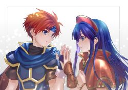 Rule 34 | 1boy, 1girl, armor, bandana, black undershirt, blue bandana, blue eyes, blue gloves, blue hair, bracelet, brown gloves, cape, closed mouth, couple, fingerless gloves, fire emblem, fire emblem: the binding blade, gloves, hand up, jewelry, light blush, light particles, lilina (fire emblem), long hair, looking at another, neck ring, nintendo, open hand, parted lips, popped collar, profile, red hair, red headwear, roy (fire emblem), short hair, short sleeves, shoulder armor, sidelocks, single glove, sweatdrop, turtleneck, upper body, yuki (yuki2061)