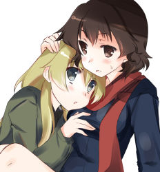 Rule 34 | 10s, 2girls, abenattou, arm support, bad id, bad pixiv id, blonde hair, blush, brown eyes, brown hair, caesar (girls und panzer), carpaccio (girls und panzer), dress shirt, girls und panzer, green eyes, hand on another&#039;s chest, hand on another&#039;s head, hug, jacket, long hair, long sleeves, looking at another, military, military uniform, multiple girls, scarf, shirt, short hair, sitting, sweatdrop, uniform, yuri