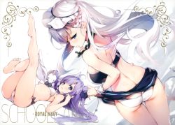 Rule 34 | 2girls, absurdres, ass, azur lane, bare shoulders, barefoot, belfast (azur lane), bikini, blue eyes, blush, breasts, clothes lift, from behind, full body, hair ornament, highres, large breasts, lifted by self, long hair, maid headdress, multiple girls, purple eyes, purple hair, scan, senji (tegone spike), simple background, skirt, skirt lift, small breasts, stuffed animal, stuffed toy, swimsuit, thighs, toes, unicorn (azur lane), white background, white hair