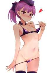 Rule 34 | 1girl, areola slip, bikini, bikini pull, black ribbon, black thighhighs, blush, c:, closed mouth, clothes pull, collarbone, cowboy shot, fate/grand order, fate (series), flat chest, garrison cap, groin, hair ribbon, hat, heart, helena blavatsky (fate), helena blavatsky (swimsuit archer) (fate), helena blavatsky (swimsuit archer) (third ascension) (fate), highres, lifting own clothes, looking at viewer, micro bikini, muoto, navel, nose blush, ponytail, pulling own clothes, purple bikini, purple eyes, purple hair, purple hat, ribbon, simple background, smile, solo, standing, stomach, strap lift, string bikini, swimsuit, thighhighs, thighs, tsurime, white background