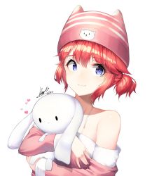 Rule 34 | 1girl, absurdres, animal ears, animal hat, bare shoulders, beanie, bil-ajeossi, blush, cat ears, cat hat, closed mouth, collarbone, commentary request, dated, hair between eyes, hat, heart, highres, hugging object, korean commentary, maplestory, off-shoulder shirt, off shoulder, one side up, pink hat, pink shirt, purple eyes, red hair, shirt, short hair, signature, simple background, smile, solo, stuffed animal, stuffed rabbit, stuffed toy, upper body, white background