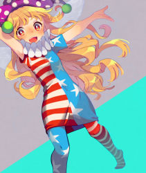 Rule 34 | 1girl, american flag dress, american flag legwear, american flag shirt, blonde hair, blush, clownpiece, collar, dress, en or, freckles, frilled collar, frilled shirt collar, frills, hat, jester cap, long hair, looking at viewer, neck ruff, open mouth, outstretched arms, pantyhose, polka dot, red eyes, short dress, simple background, solo, standing, striped clothes, striped dress, striped pantyhose, teeth, touhou, two-tone background, very long hair
